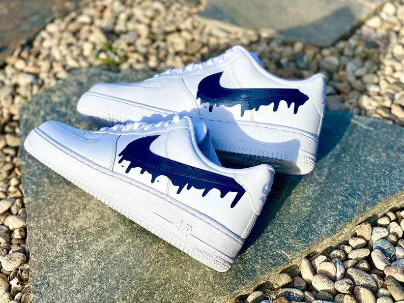 Custom Dark Blue Nike Drip Air Force Ones