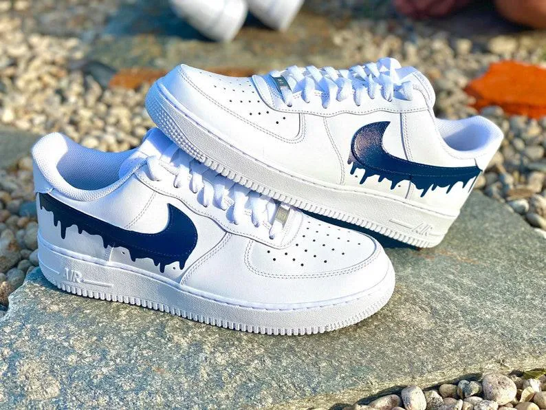 Custom Dark Blue Nike Drip Air Force Ones