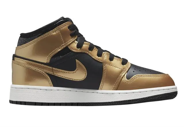 Nike air jordan 1 mid se gs (metallic gold black/ black/ metallic gold/ white) big kids 3.5y-7y dr6967-071